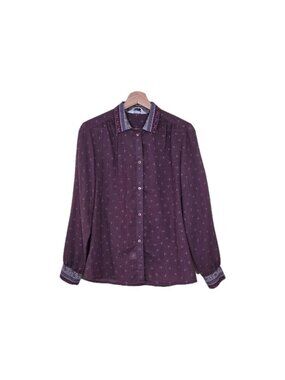 Vtg Highland Queen Top US 12 Plum Micro Paisley Floral Contrast Wool Blend Boho